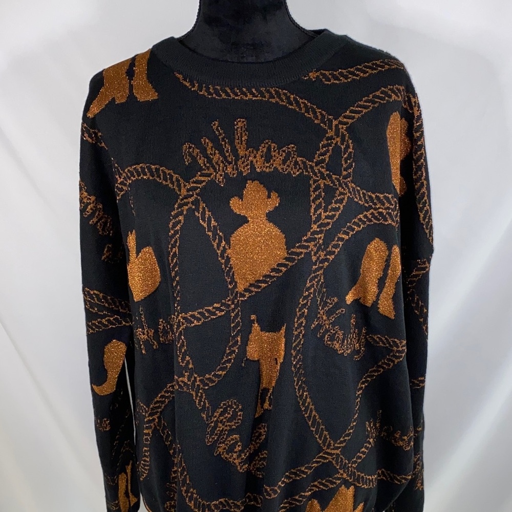 2 Fly Co Reversible Western Cowboy Crewneck Sweater Black Copper L/XL NWT